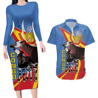 DR Congo Okapi Couples Matching Long Sleeve Bodycon Dress and Hawaiian Shirt With Coat Of Arms