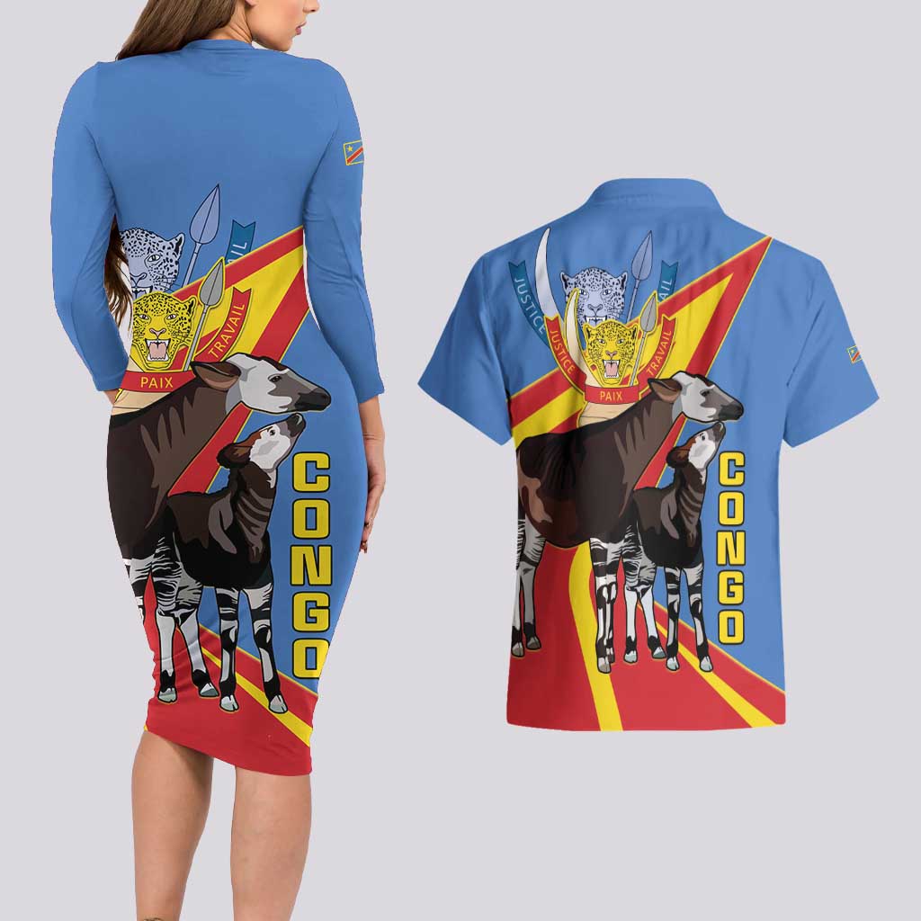 DR Congo Okapi Couples Matching Long Sleeve Bodycon Dress and Hawaiian Shirt With Coat Of Arms