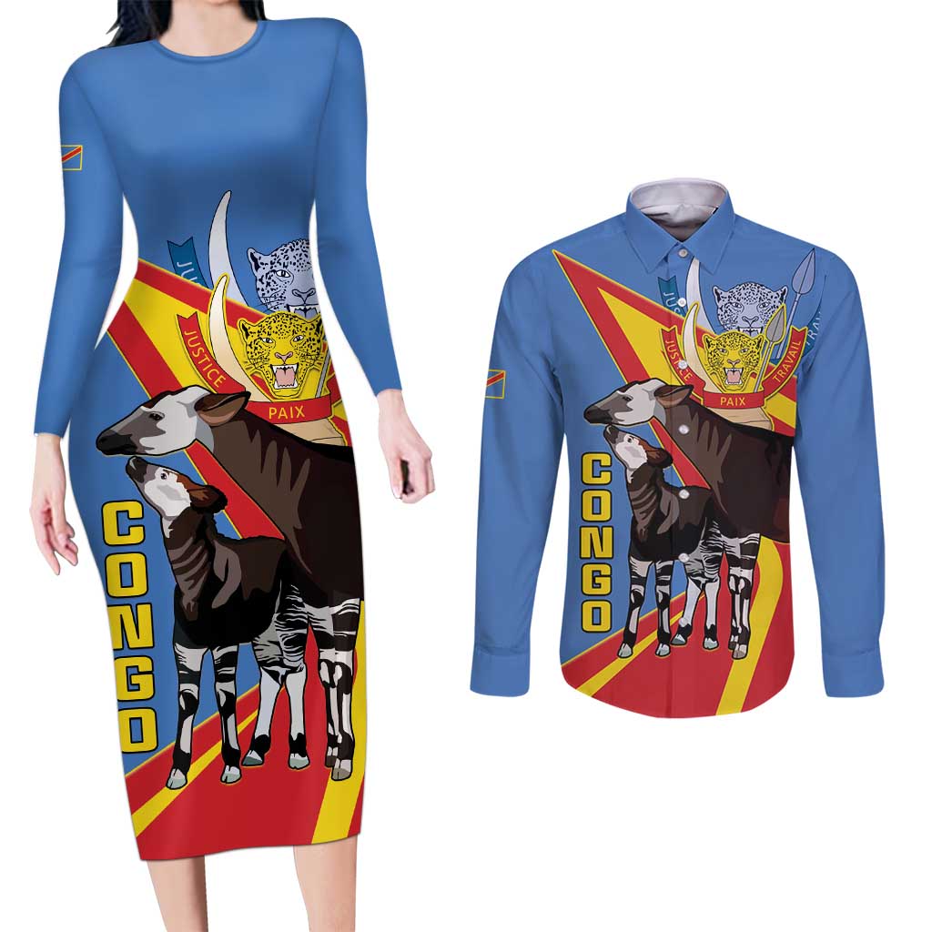 DR Congo Okapi Couples Matching Long Sleeve Bodycon Dress and Long Sleeve Button Shirt With Coat Of Arms
