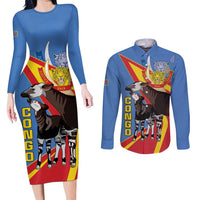 DR Congo Okapi Couples Matching Long Sleeve Bodycon Dress and Long Sleeve Button Shirt With Coat Of Arms