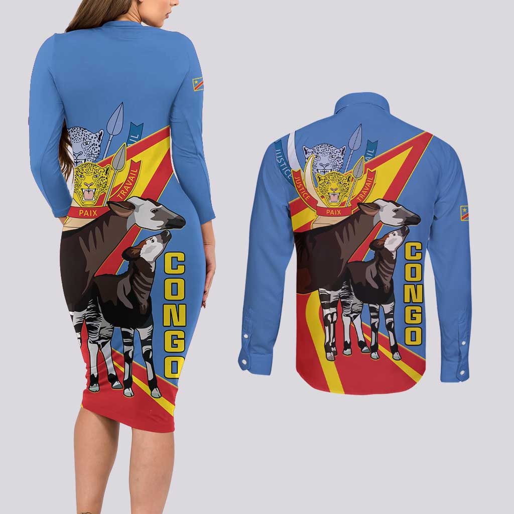 DR Congo Okapi Couples Matching Long Sleeve Bodycon Dress and Long Sleeve Button Shirt With Coat Of Arms