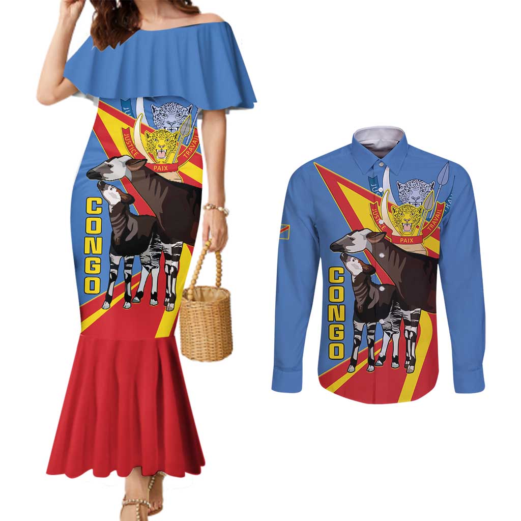 DR Congo Okapi Couples Matching Mermaid Dress and Long Sleeve Button Shirt With Coat Of Arms
