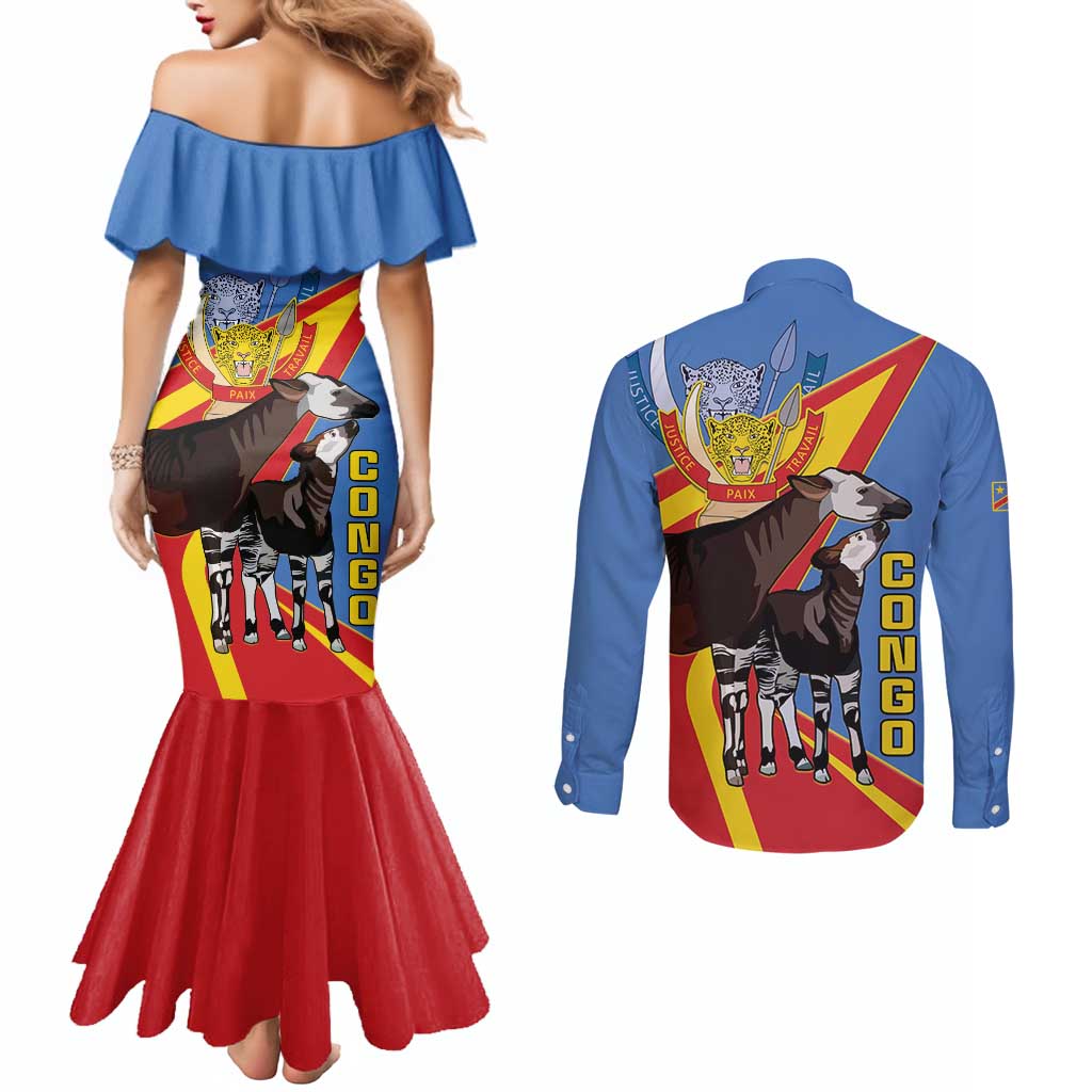 DR Congo Okapi Couples Matching Mermaid Dress and Long Sleeve Button Shirt With Coat Of Arms