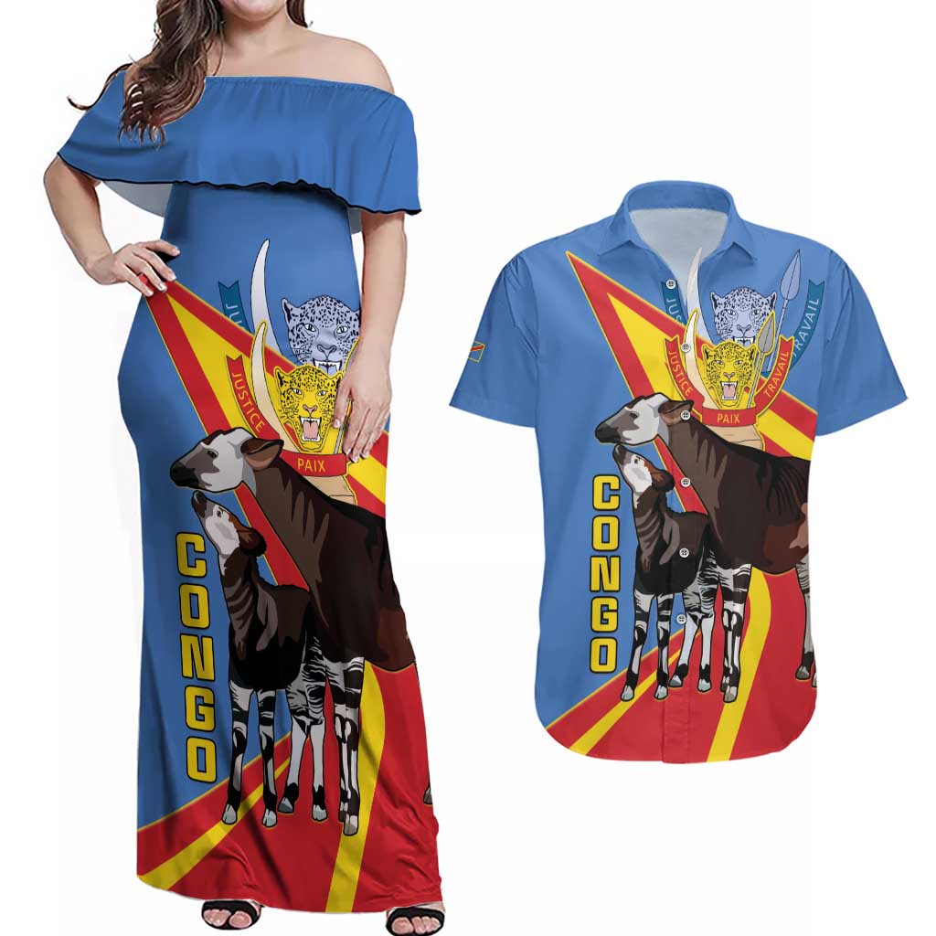 DR Congo Okapi Couples Matching Off Shoulder Maxi Dress and Hawaiian Shirt With Coat Of Arms