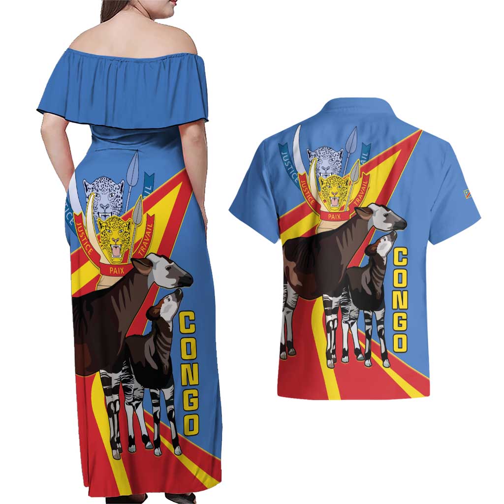 DR Congo Okapi Couples Matching Off Shoulder Maxi Dress and Hawaiian Shirt With Coat Of Arms