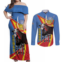 DR Congo Okapi Couples Matching Off Shoulder Maxi Dress and Long Sleeve Button Shirt With Coat Of Arms