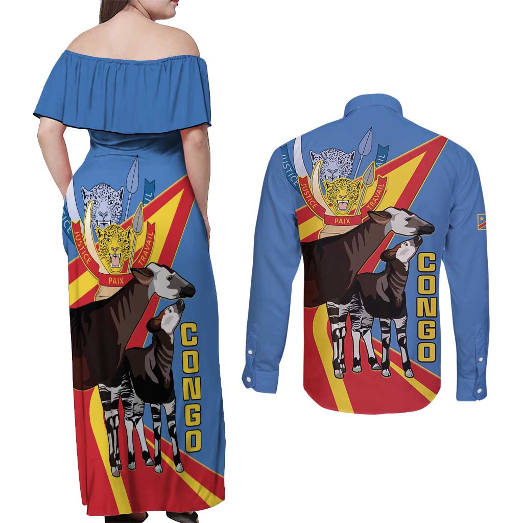 DR Congo Okapi Couples Matching Off Shoulder Maxi Dress and Long Sleeve Button Shirt With Coat Of Arms