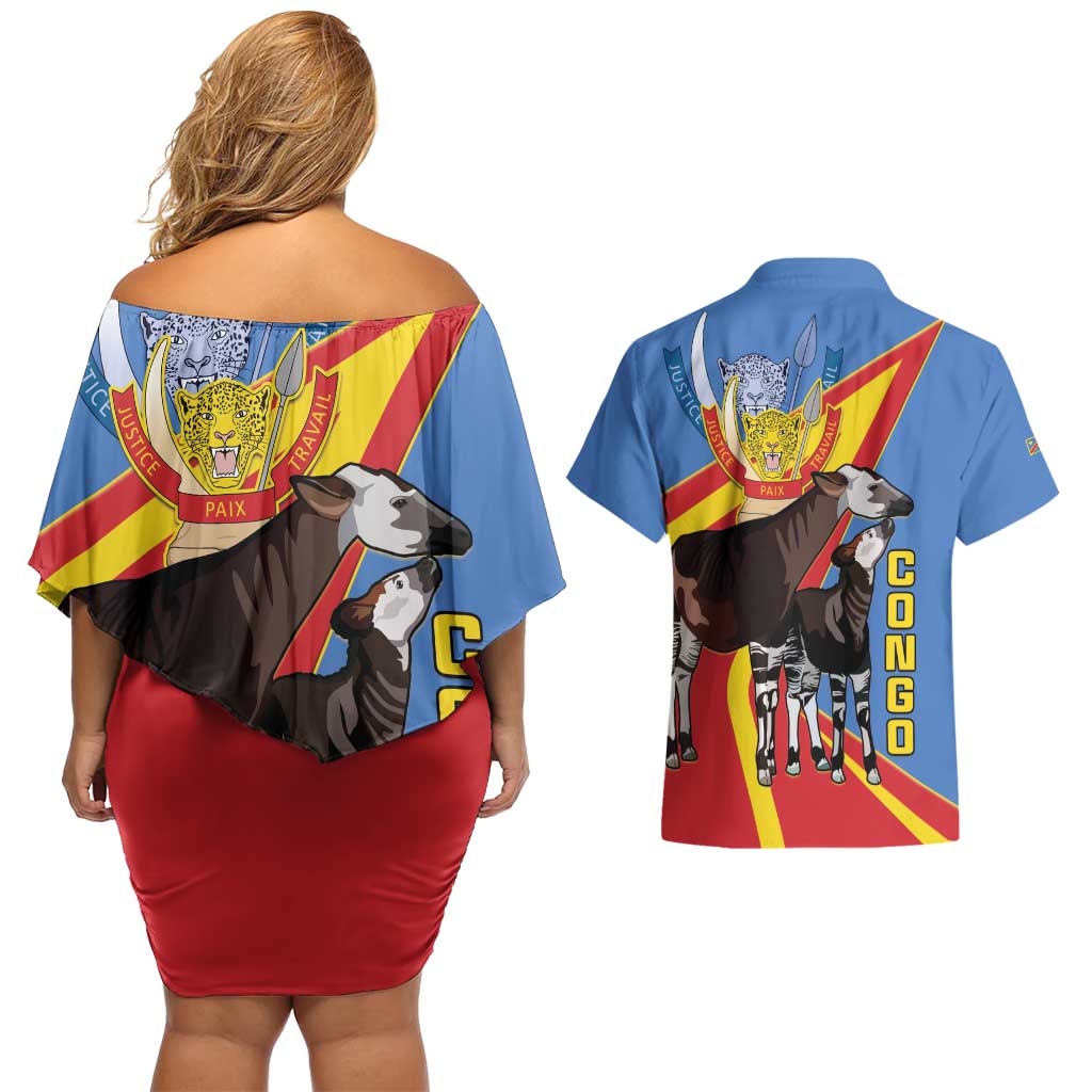 DR Congo Okapi Couples Matching Off Shoulder Short Dress and Hawaiian Shirt With Coat Of Arms