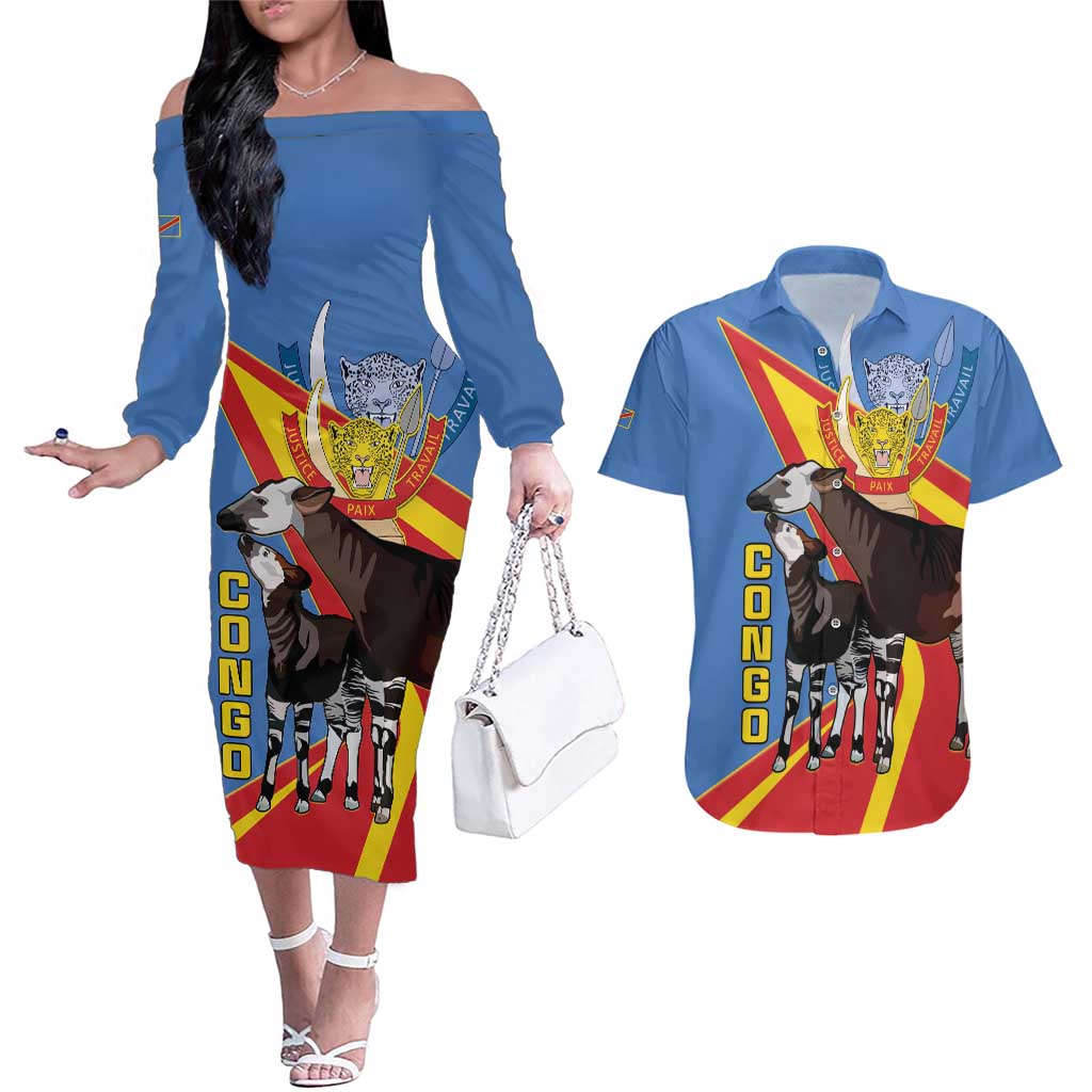 DR Congo Okapi Couples Matching Off The Shoulder Long Sleeve Dress and Hawaiian Shirt With Coat Of Arms