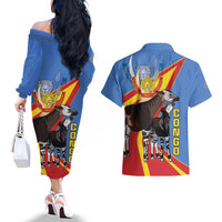 DR Congo Okapi Couples Matching Off The Shoulder Long Sleeve Dress and Hawaiian Shirt With Coat Of Arms