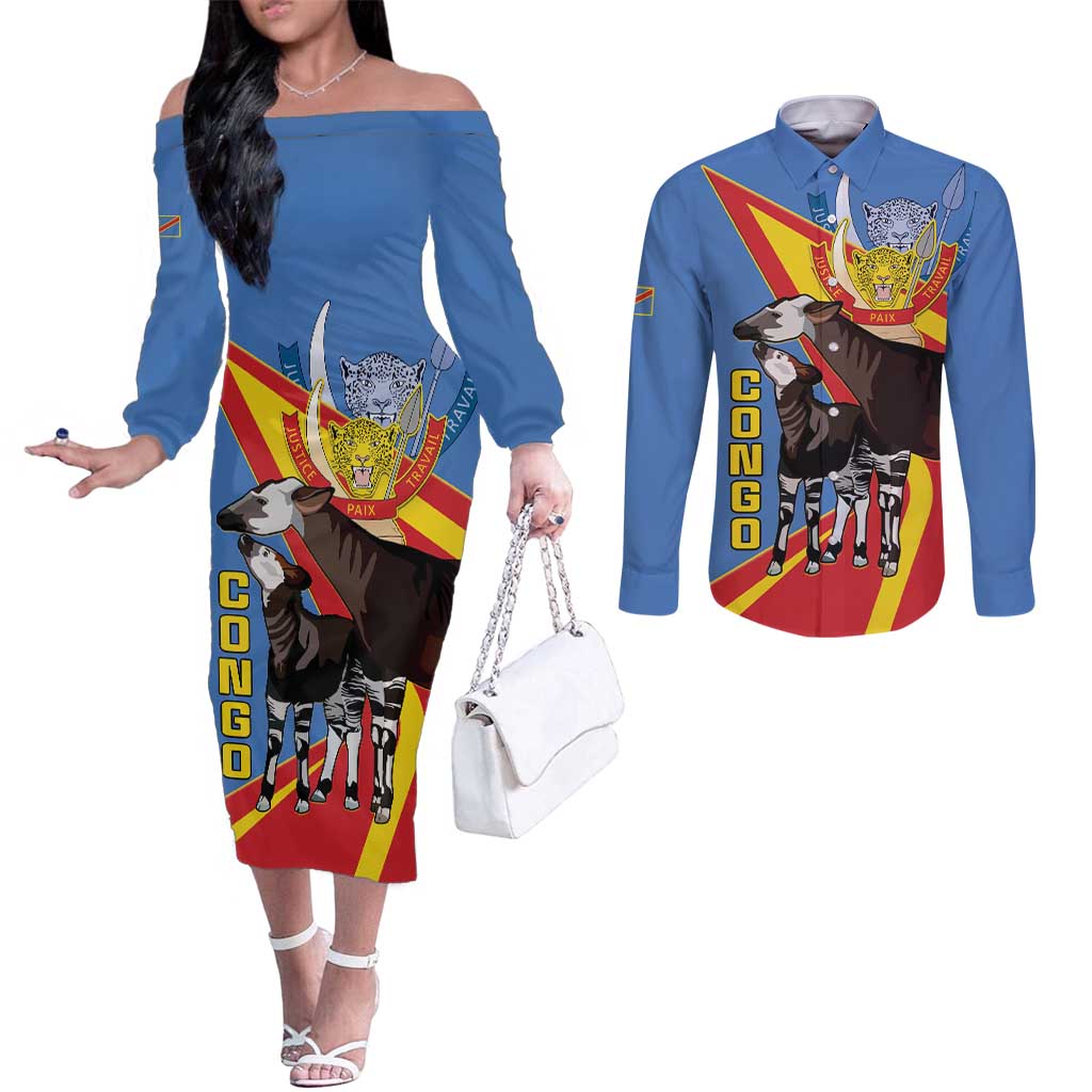 DR Congo Okapi Couples Matching Off The Shoulder Long Sleeve Dress and Long Sleeve Button Shirt With Coat Of Arms