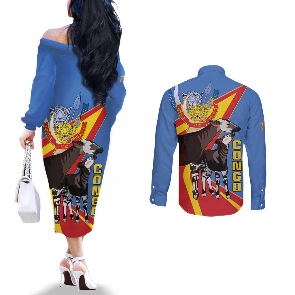 DR Congo Okapi Couples Matching Off The Shoulder Long Sleeve Dress and Long Sleeve Button Shirt With Coat Of Arms