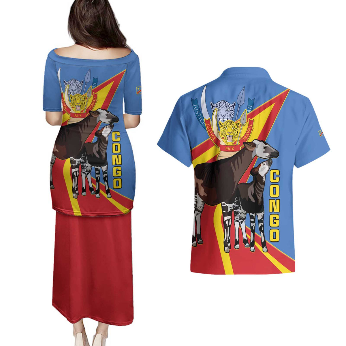 DR Congo Okapi Couples Matching Puletasi and Hawaiian Shirt With Coat Of Arms