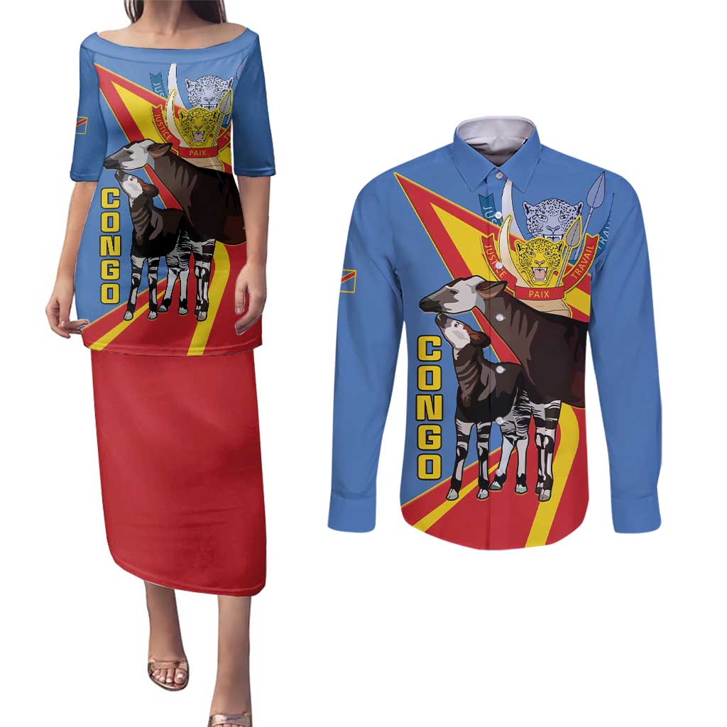 DR Congo Okapi Couples Matching Puletasi and Long Sleeve Button Shirt With Coat Of Arms