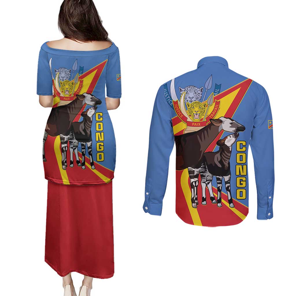 DR Congo Okapi Couples Matching Puletasi and Long Sleeve Button Shirt With Coat Of Arms
