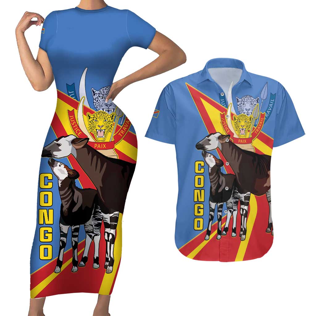 DR Congo Okapi Couples Matching Short Sleeve Bodycon Dress and Hawaiian Shirt With Coat Of Arms
