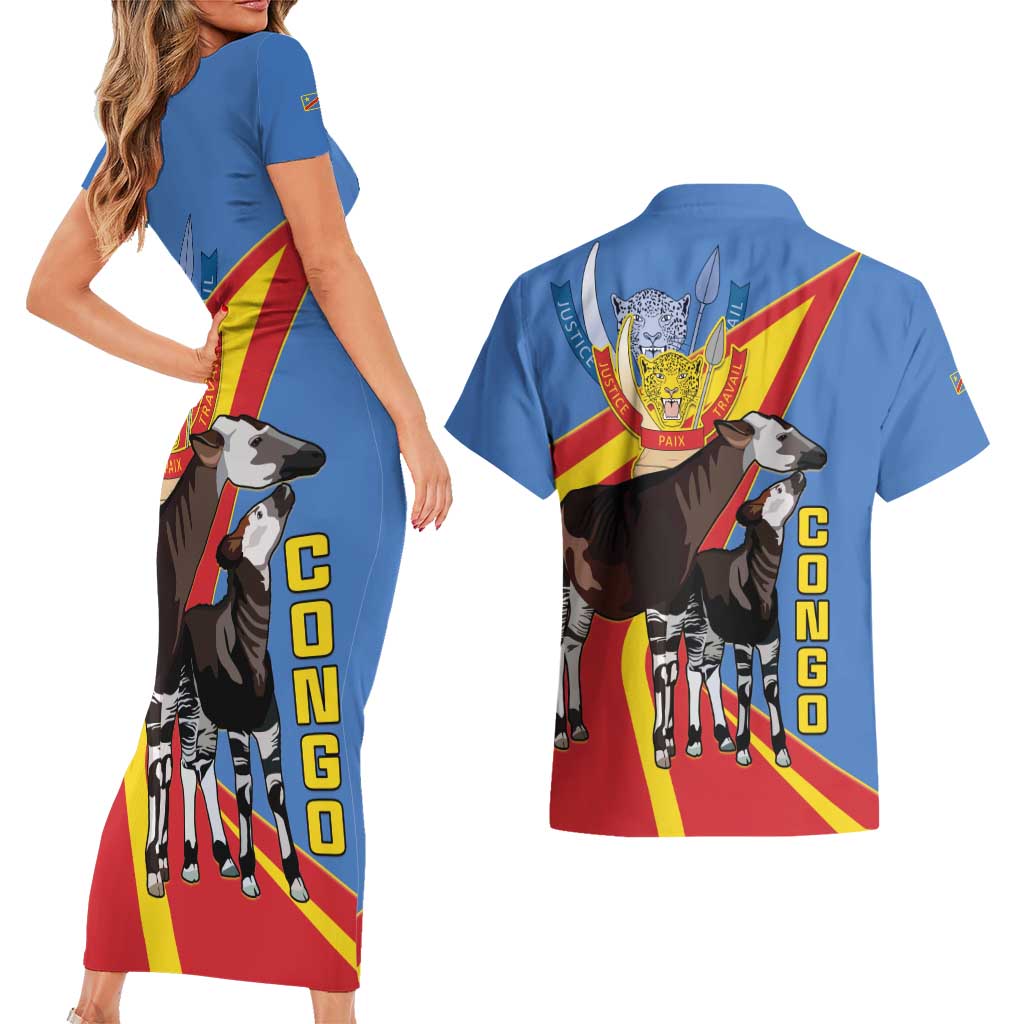 DR Congo Okapi Couples Matching Short Sleeve Bodycon Dress and Hawaiian Shirt With Coat Of Arms