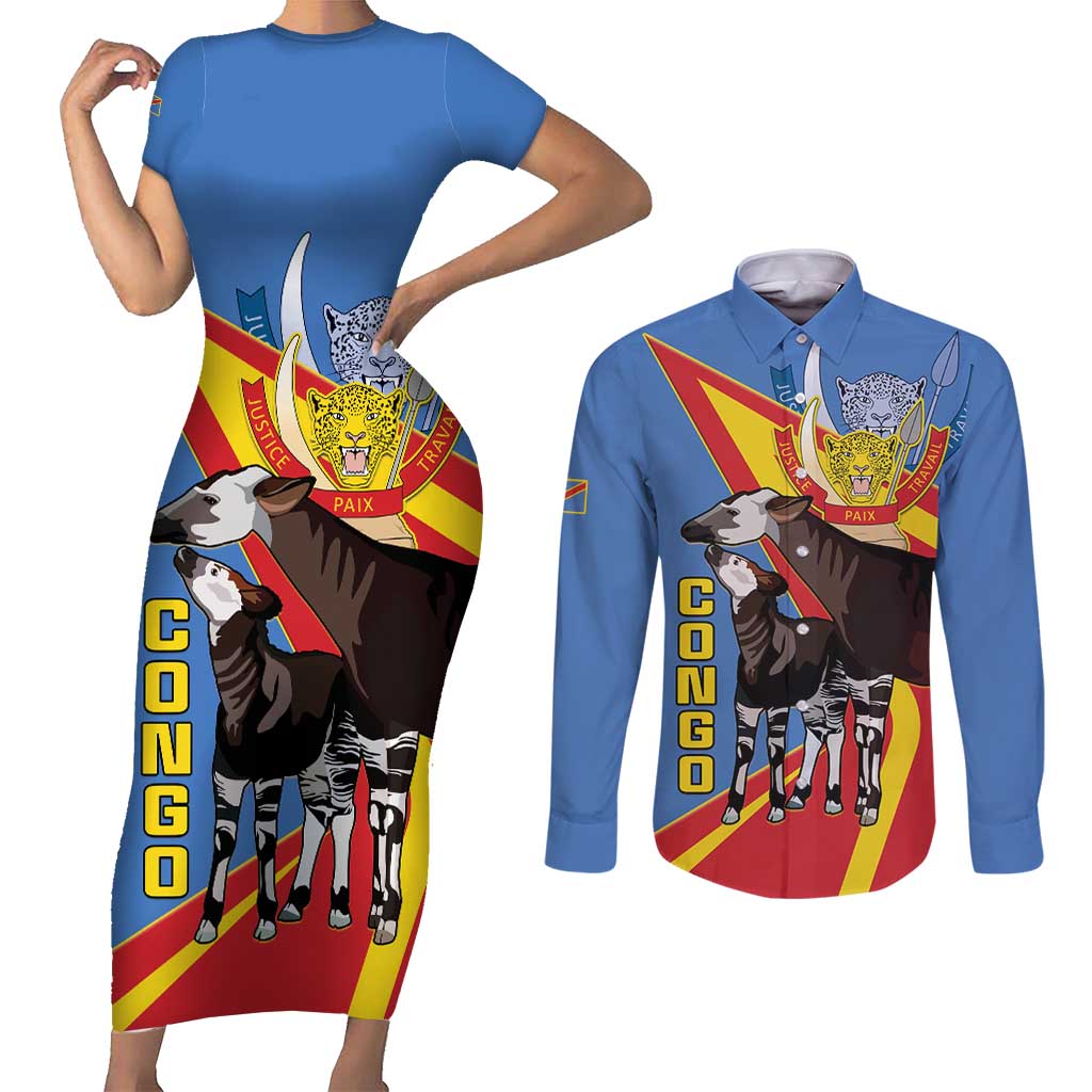 DR Congo Okapi Couples Matching Short Sleeve Bodycon Dress and Long Sleeve Button Shirt With Coat Of Arms