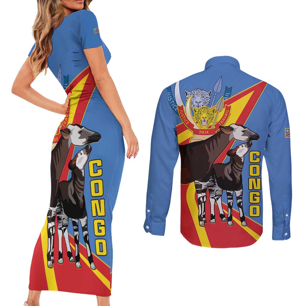 DR Congo Okapi Couples Matching Short Sleeve Bodycon Dress and Long Sleeve Button Shirt With Coat Of Arms