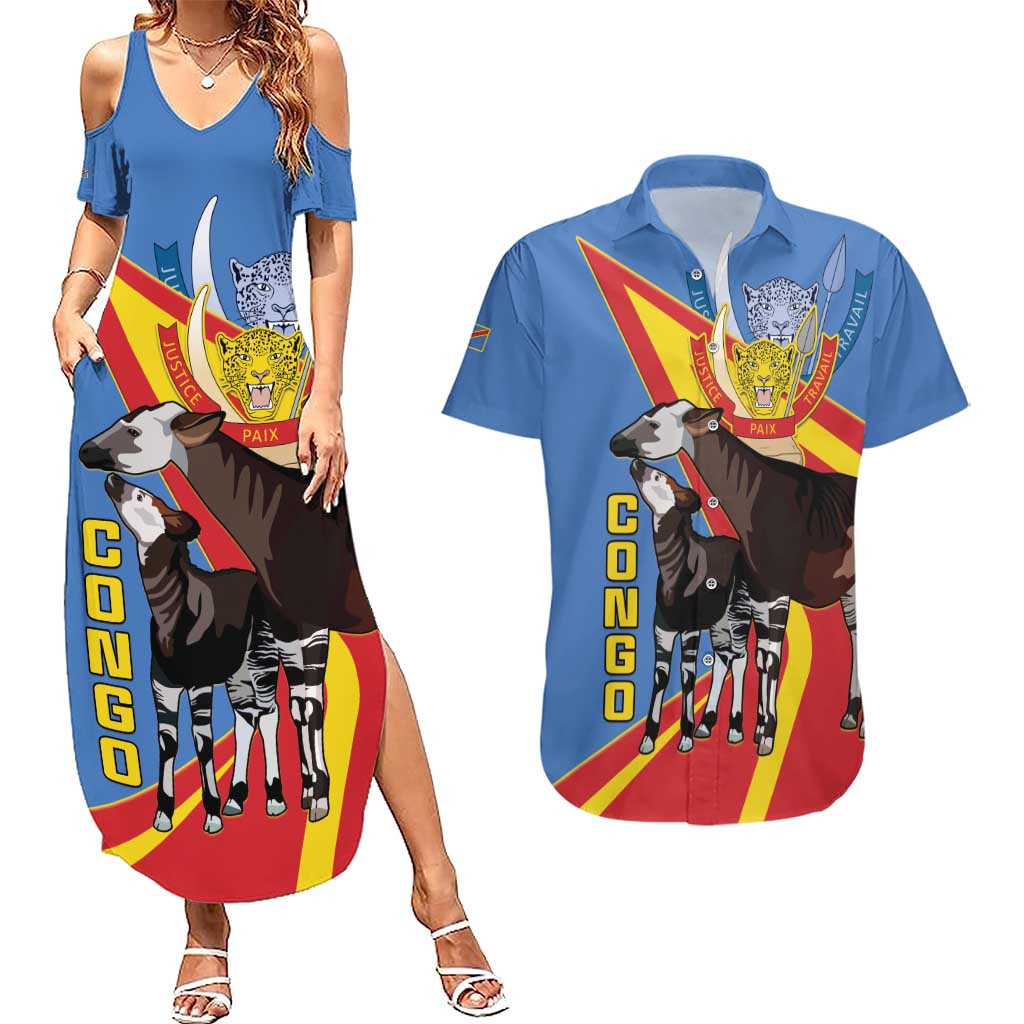 DR Congo Okapi Couples Matching Summer Maxi Dress and Hawaiian Shirt With Coat Of Arms