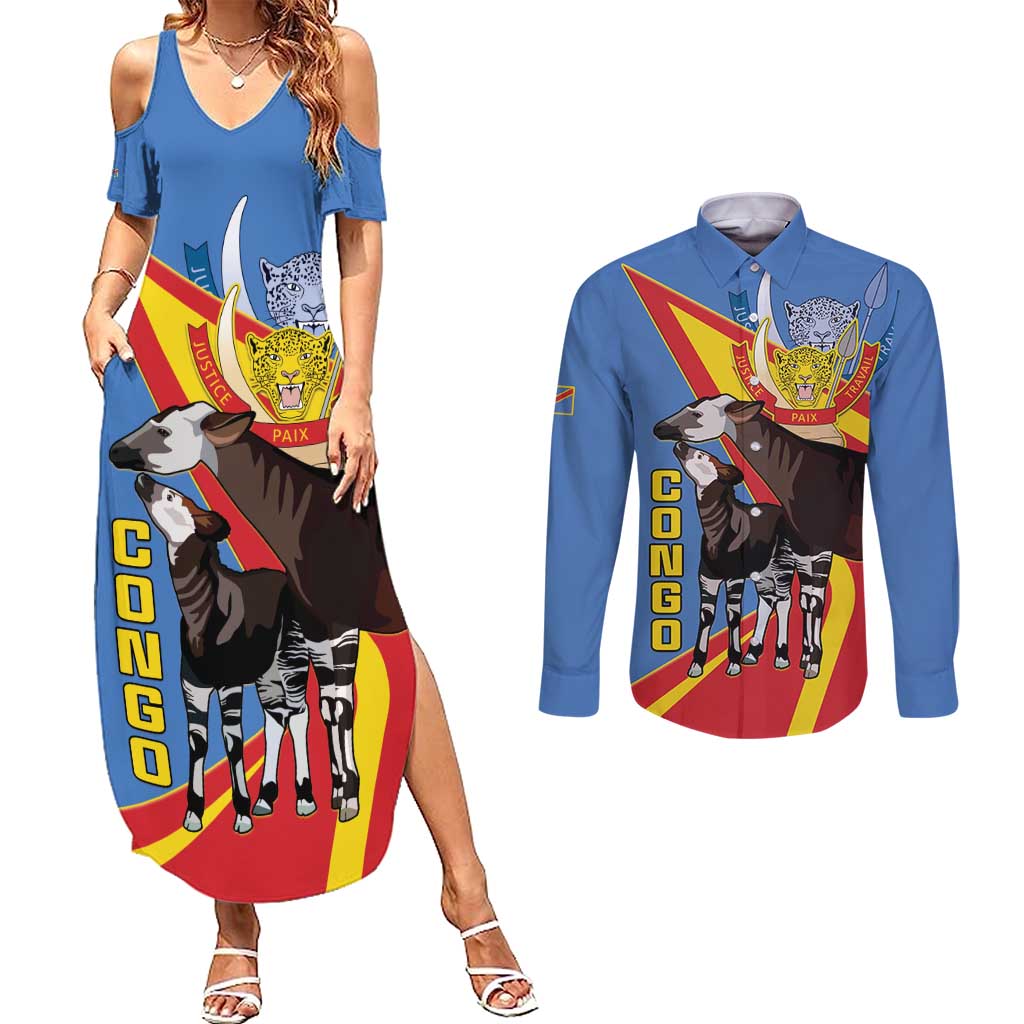 DR Congo Okapi Couples Matching Summer Maxi Dress and Long Sleeve Button Shirt With Coat Of Arms
