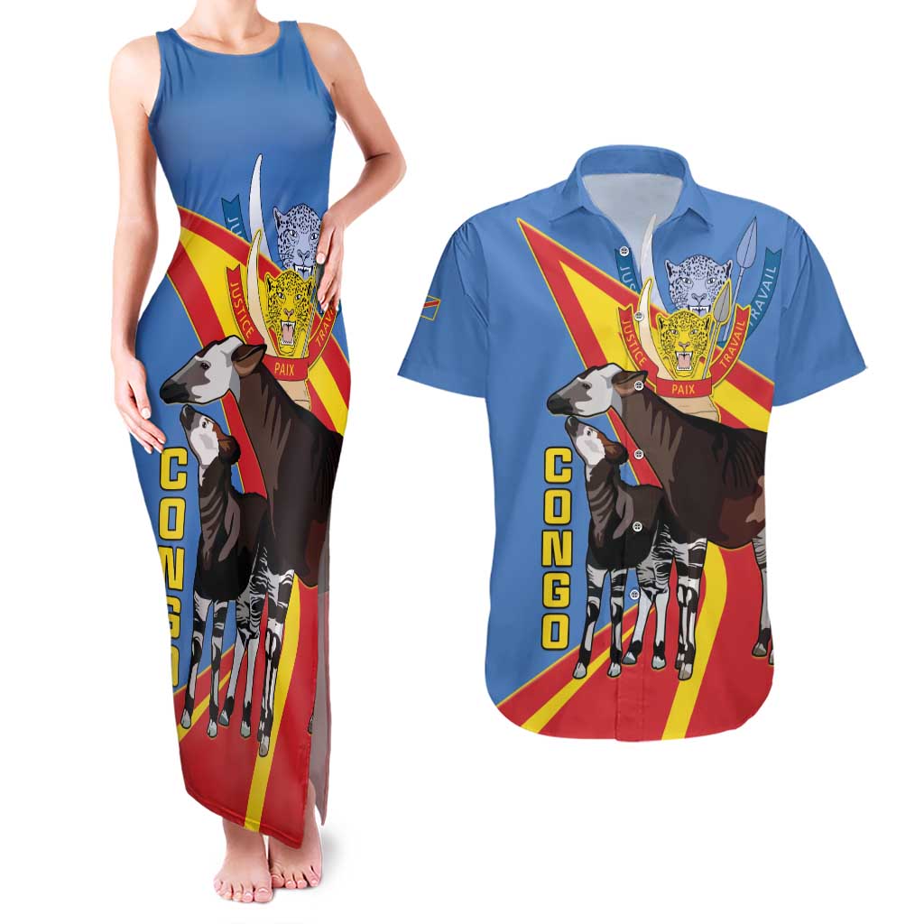 DR Congo Okapi Couples Matching Tank Maxi Dress and Hawaiian Shirt With Coat Of Arms