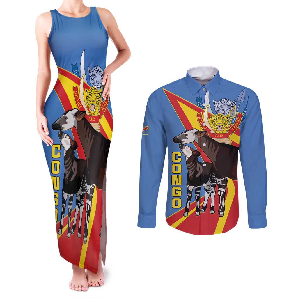 DR Congo Okapi Couples Matching Tank Maxi Dress and Long Sleeve Button Shirt With Coat Of Arms
