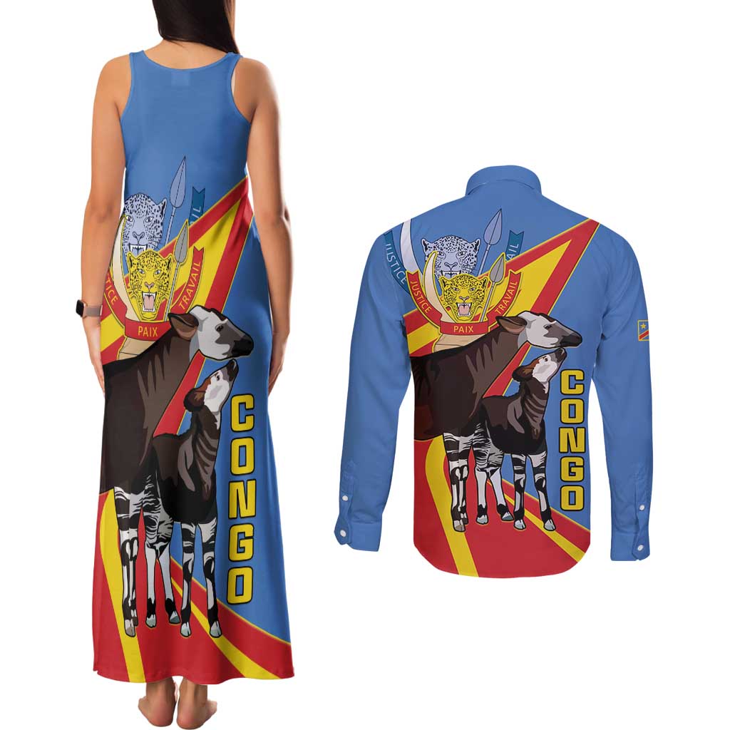 DR Congo Okapi Couples Matching Tank Maxi Dress and Long Sleeve Button Shirt With Coat Of Arms