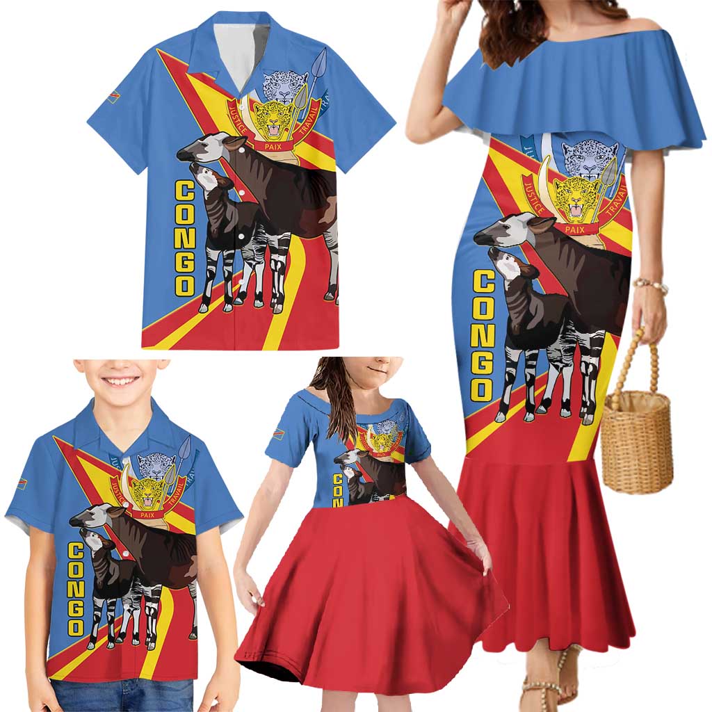 DR Congo Okapi Family Matching Mermaid Dress and Hawaiian Shirt With Coat Of Arms