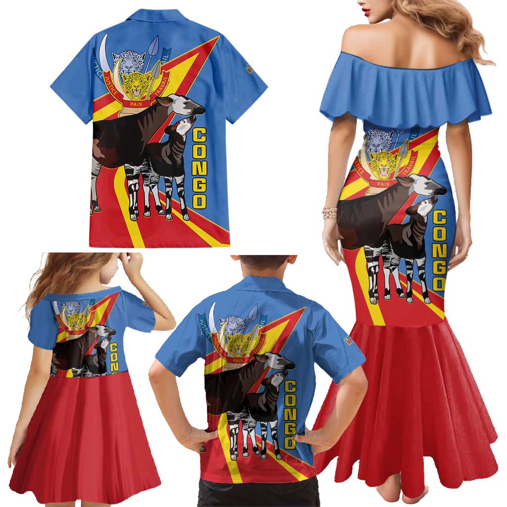 DR Congo Okapi Family Matching Mermaid Dress and Hawaiian Shirt With Coat Of Arms