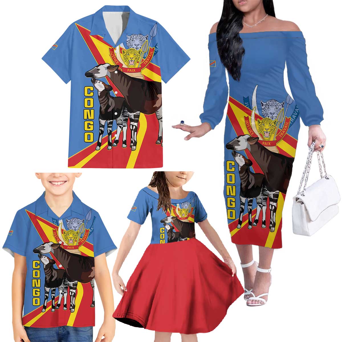 DR Congo Okapi Family Matching Off The Shoulder Long Sleeve Dress and Hawaiian Shirt With Coat Of Arms
