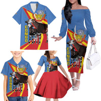 DR Congo Okapi Family Matching Off The Shoulder Long Sleeve Dress and Hawaiian Shirt With Coat Of Arms