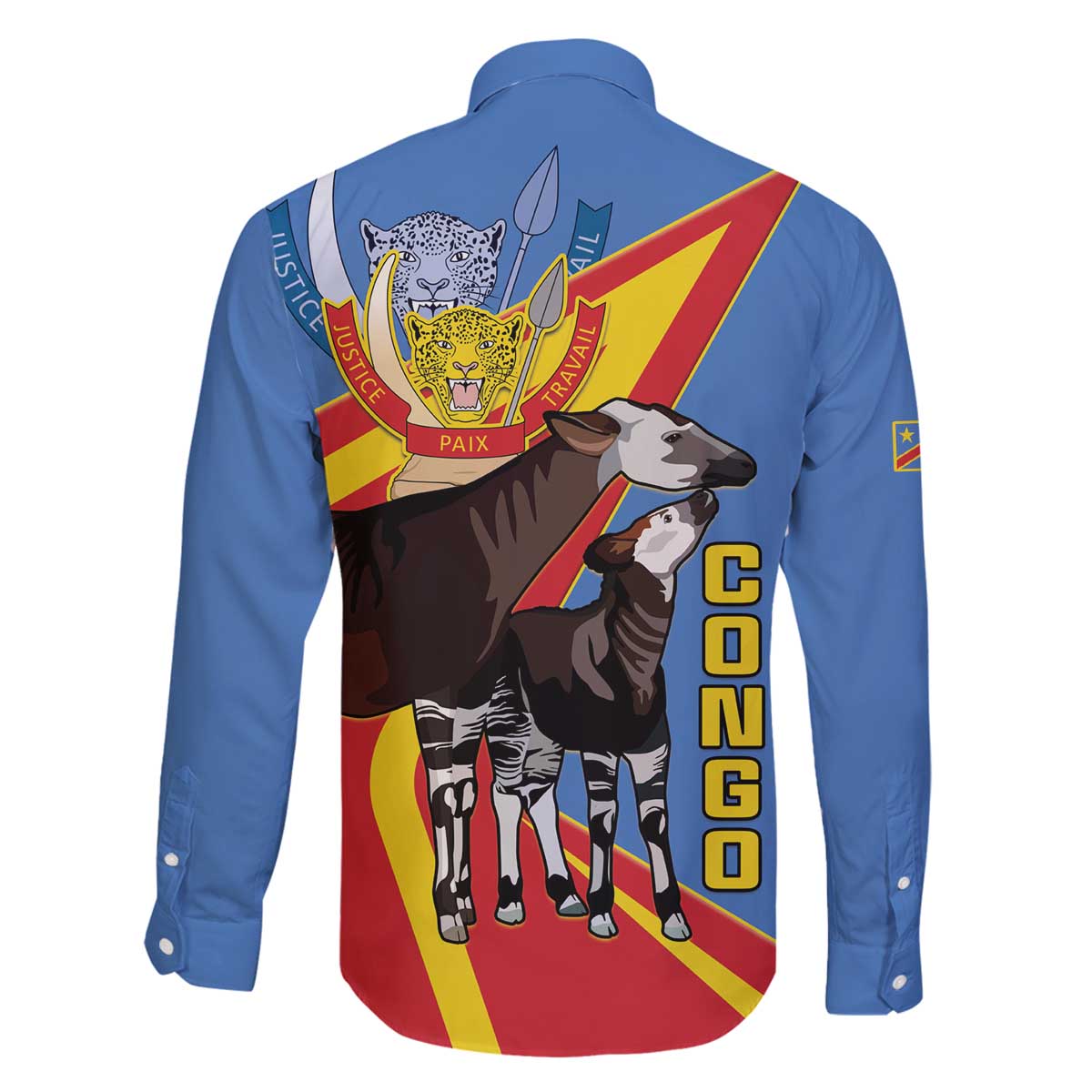 DR Congo Okapi Family Matching Off The Shoulder Long Sleeve Dress and Hawaiian Shirt With Coat Of Arms