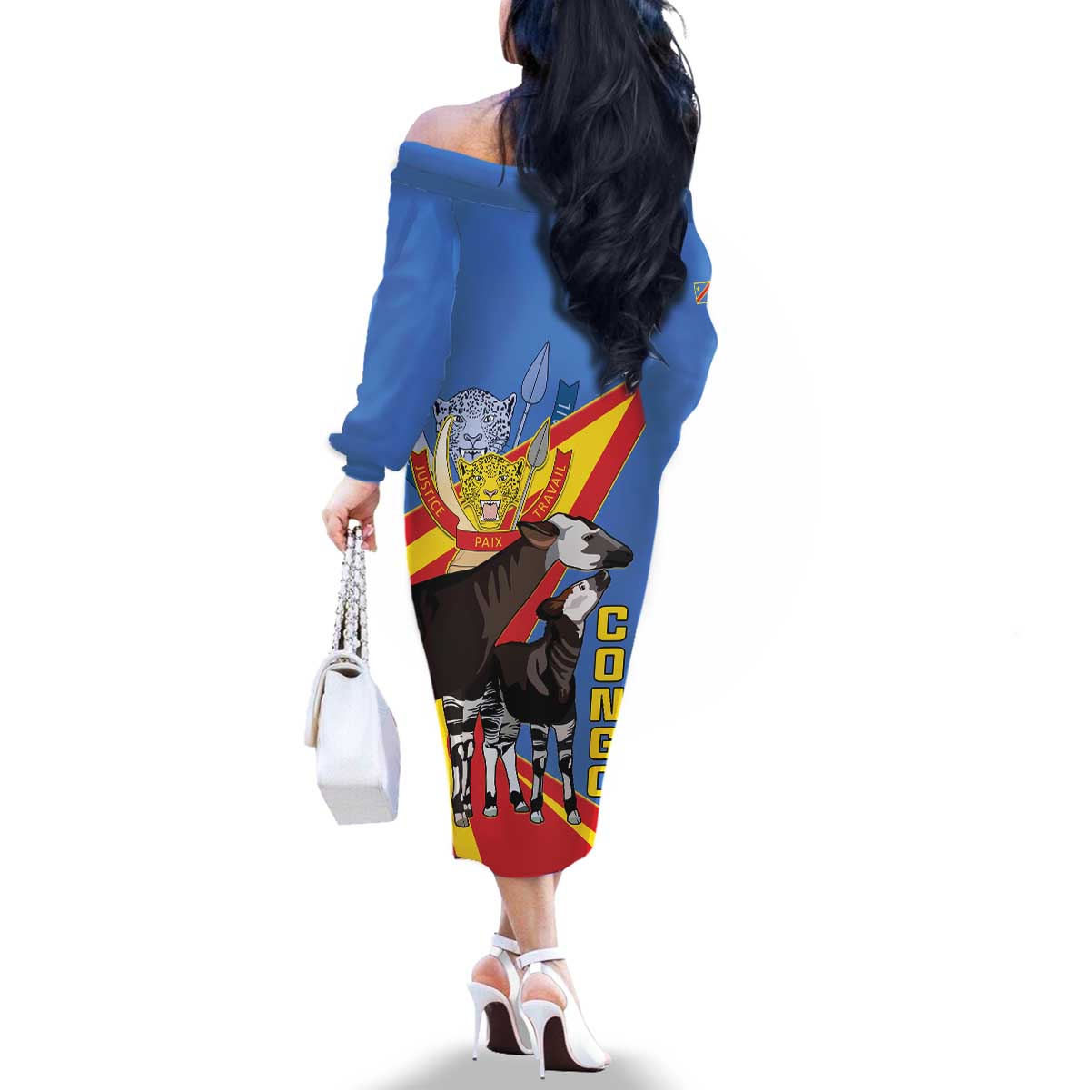 DR Congo Okapi Family Matching Off The Shoulder Long Sleeve Dress and Hawaiian Shirt With Coat Of Arms