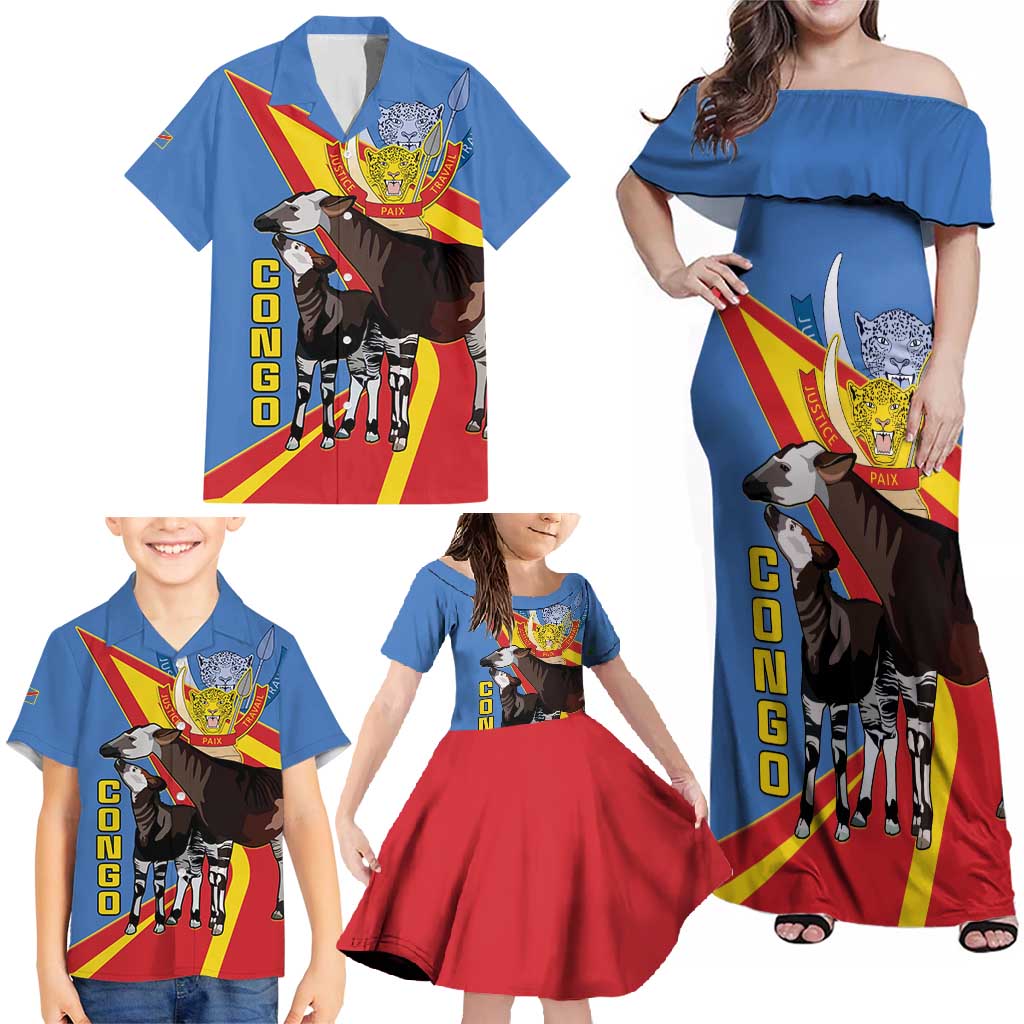 DR Congo Okapi Family Matching Off Shoulder Maxi Dress and Hawaiian Shirt With Coat Of Arms