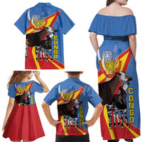 DR Congo Okapi Family Matching Off Shoulder Maxi Dress and Hawaiian Shirt With Coat Of Arms