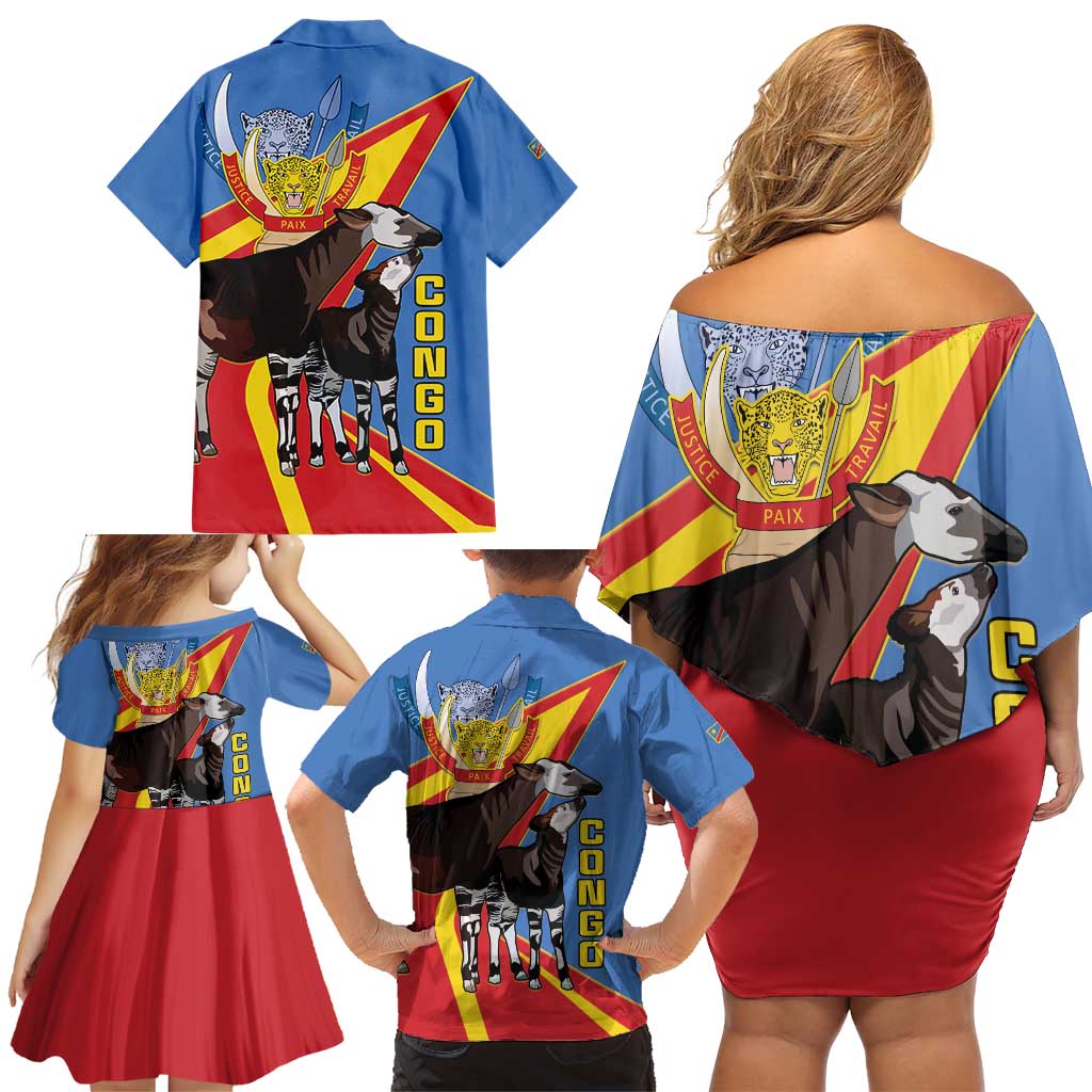 DR Congo Okapi Family Matching Off Shoulder Short Dress and Hawaiian Shirt With Coat Of Arms