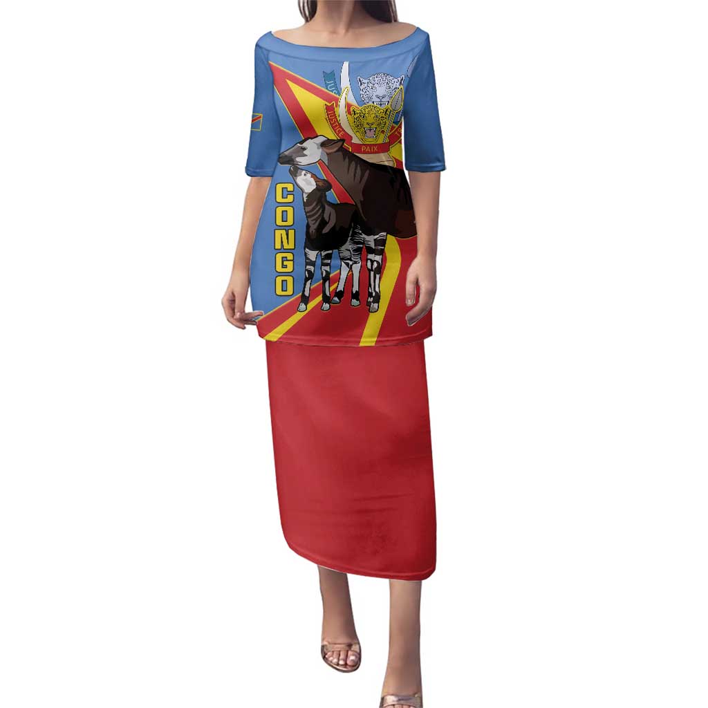 DR Congo Okapi Family Matching Puletasi and Hawaiian Shirt With Coat Of Arms