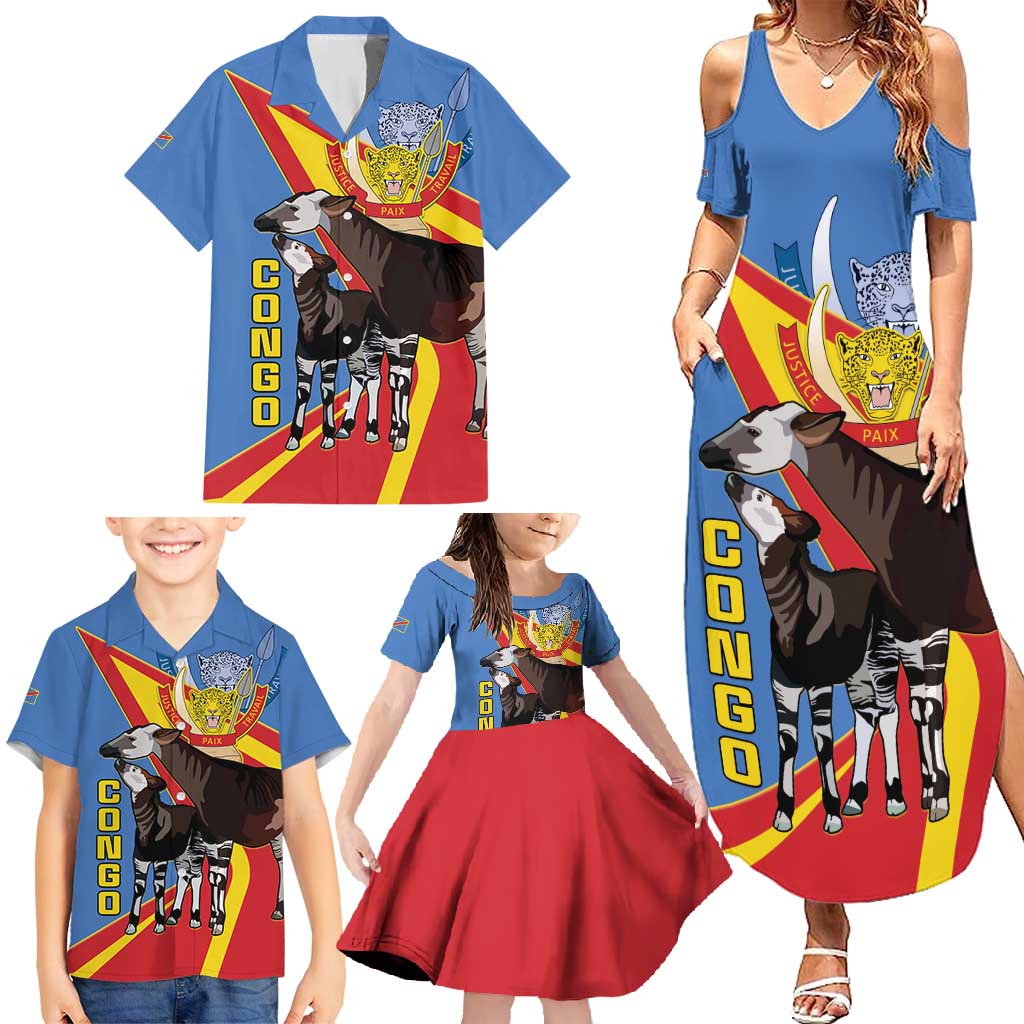 DR Congo Okapi Family Matching Summer Maxi Dress and Hawaiian Shirt With Coat Of Arms