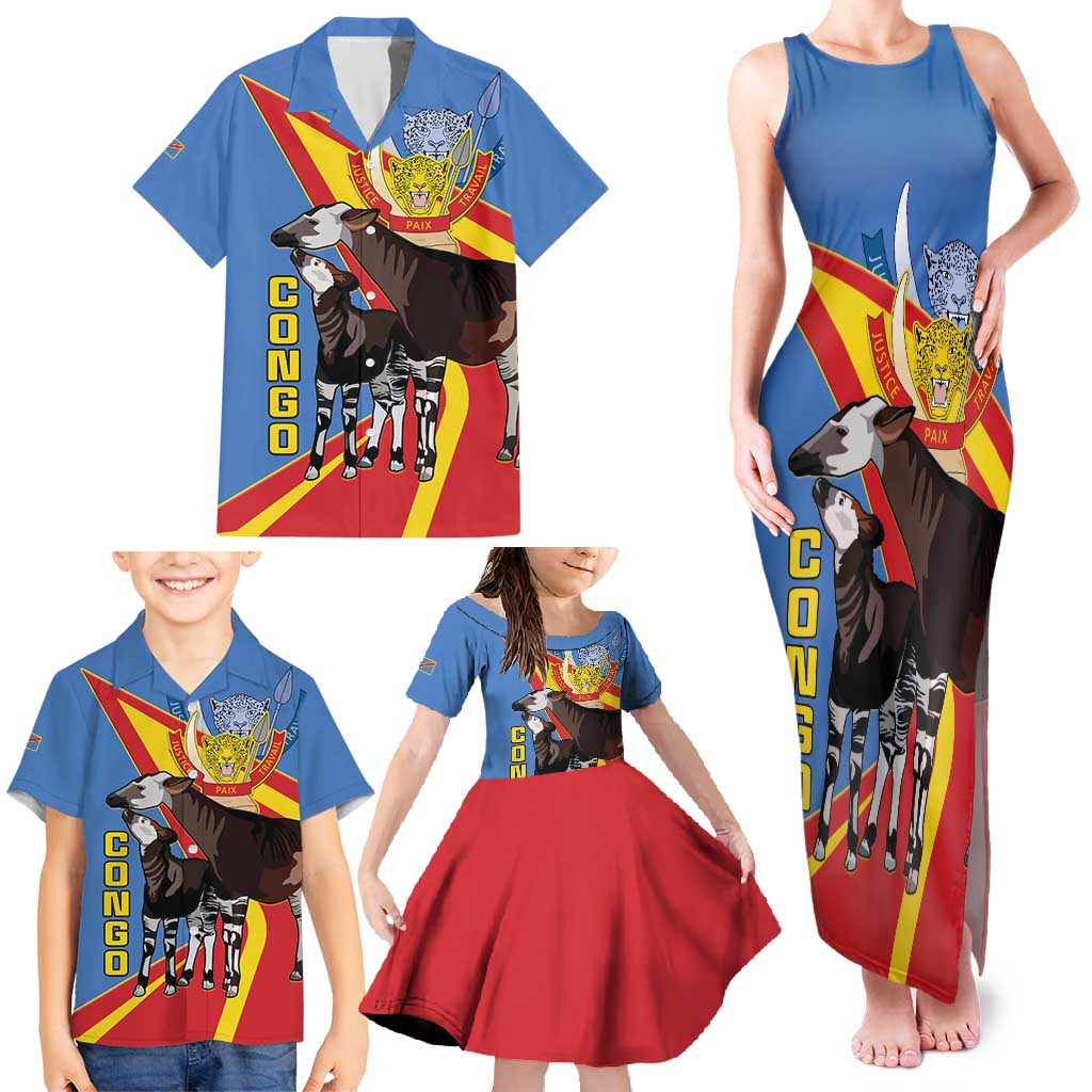 DR Congo Okapi Family Matching Tank Maxi Dress and Hawaiian Shirt With Coat Of Arms