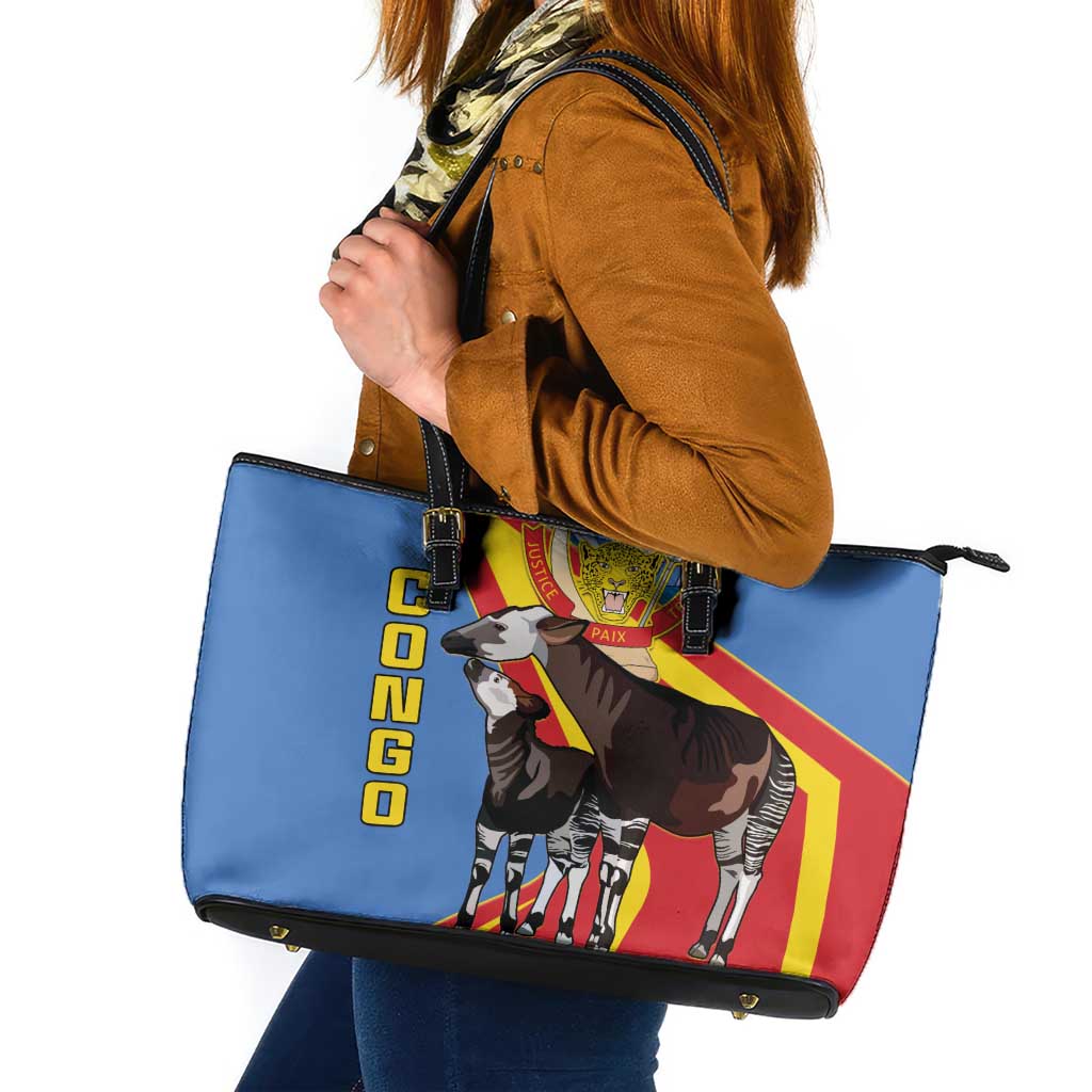 DR Congo Okapi Leather Tote Bag With Coat Of Arms