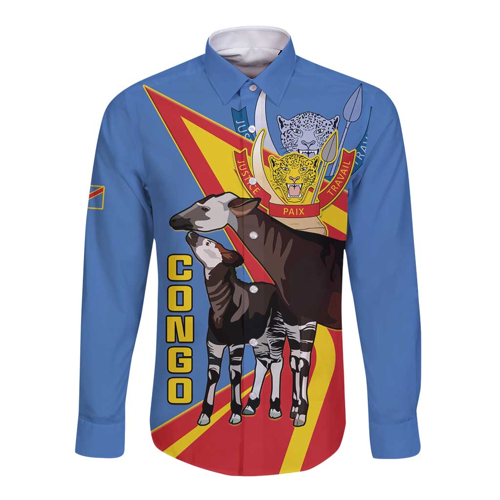 DR Congo Okapi Long Sleeve Button Shirt With Coat Of Arms