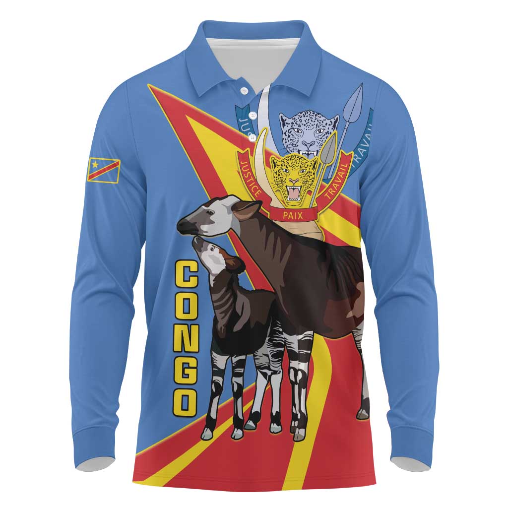 DR Congo Okapi Long Sleeve Polo Shirt With Coat Of Arms