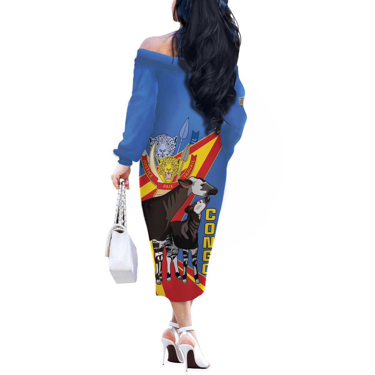 DR Congo Okapi Off The Shoulder Long Sleeve Dress With Coat Of Arms