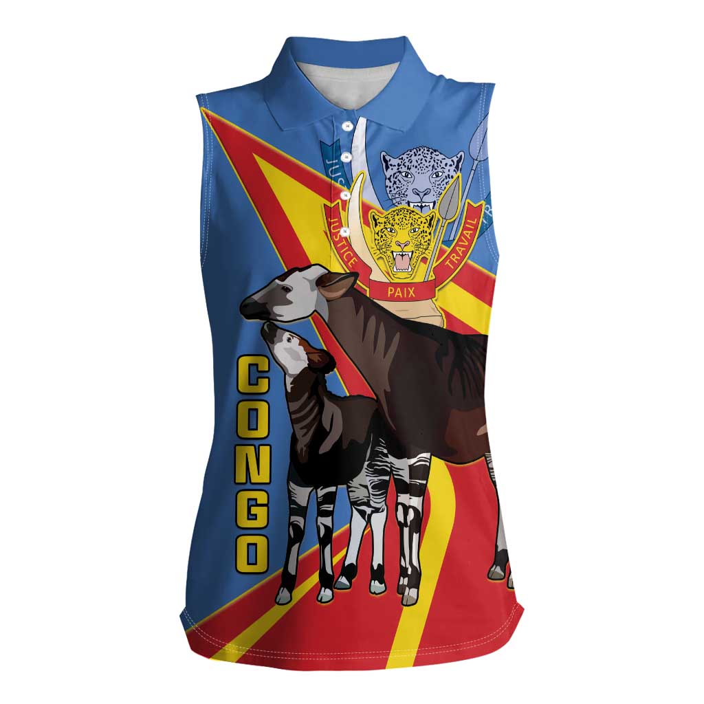 DR Congo Okapi Women Sleeveless Polo Shirt With Coat Of Arms