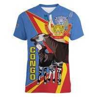 DR Congo Okapi Women V-Neck T-Shirt With Coat Of Arms