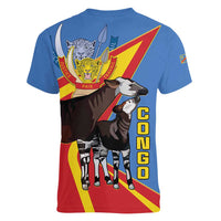 DR Congo Okapi Women V-Neck T-Shirt With Coat Of Arms