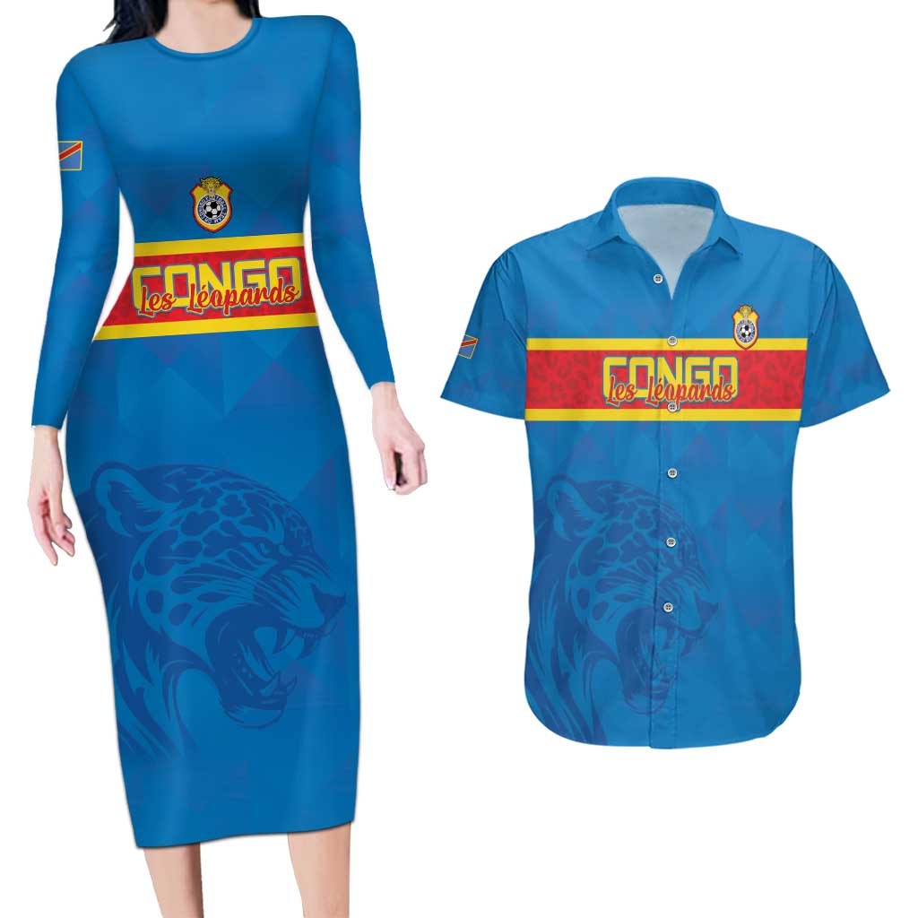Custom DR Congo Football Couples Matching Long Sleeve Bodycon Dress and Hawaiian Shirt Go Les Léopards