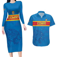 Custom DR Congo Football Couples Matching Long Sleeve Bodycon Dress and Hawaiian Shirt Go Les Léopards