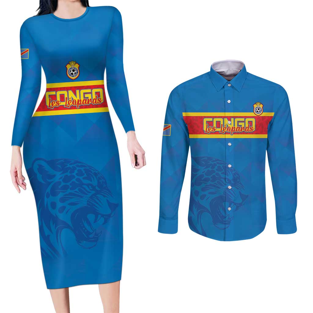 Custom DR Congo Football Couples Matching Long Sleeve Bodycon Dress and Long Sleeve Button Shirt Go Les Léopards
